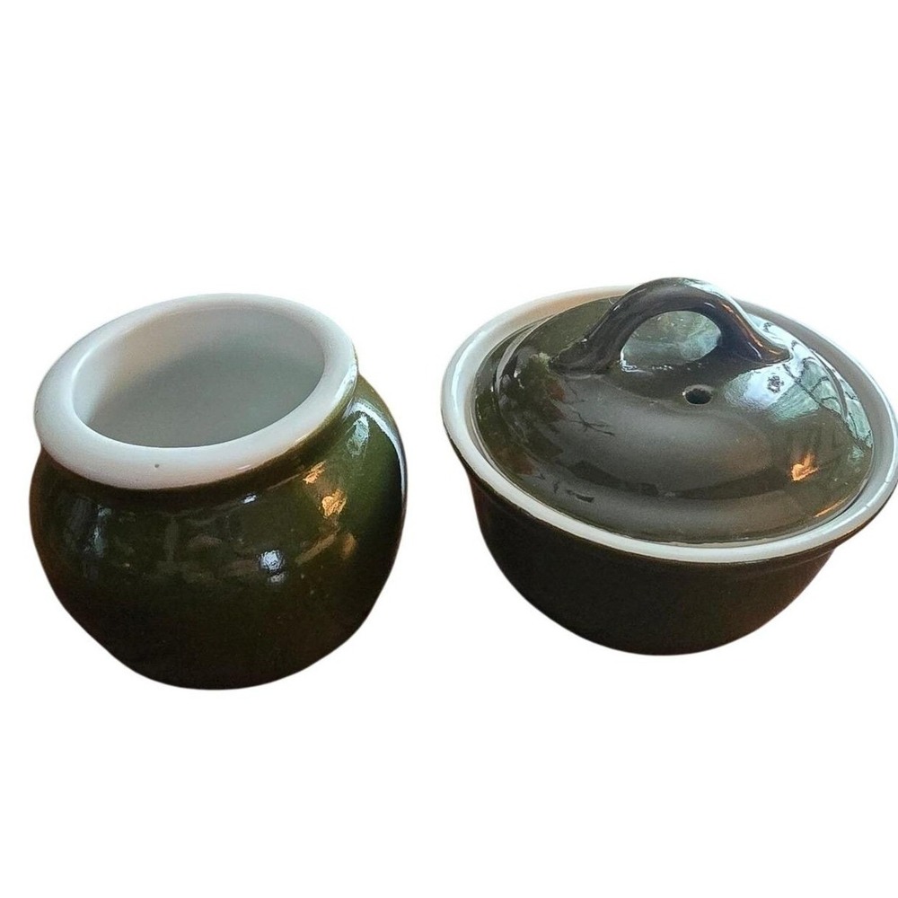Vintage Hall China made in‎ USA Covered Sugar Bowl and Creamer Set Dark Green